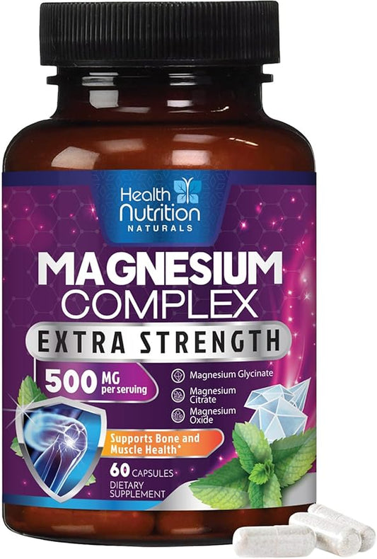 Magnesium Supplement Citrate Capsules 500mg with Glycinate, Oxide, Malate, Citrate - for Muscle, Nerve, Bone and Heart Health Support - High Absorption Glycinate Complex, Gluten Free - 60 Capsules