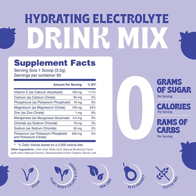 Electrolytes Powder No Sugar - Blue Raspberry Hydration Powder I Sugar Free Electrolyte Drink Mix, Zero Calories or Carbs, Keto Friendly, Potassium, Magnesium, Sodium - 90 Servings