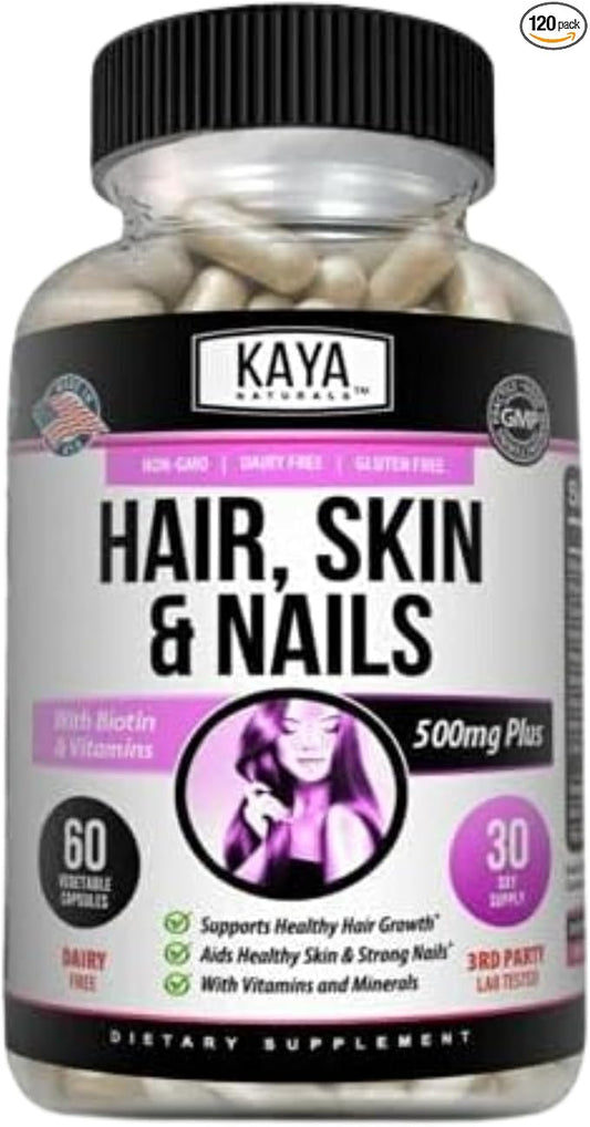 Kaya Naturals Hair Skin Nail Capsules BIOTIN Vitamin D Vitamin B-12 A Folic Acid Support, Hair Support Vitamin Supplement