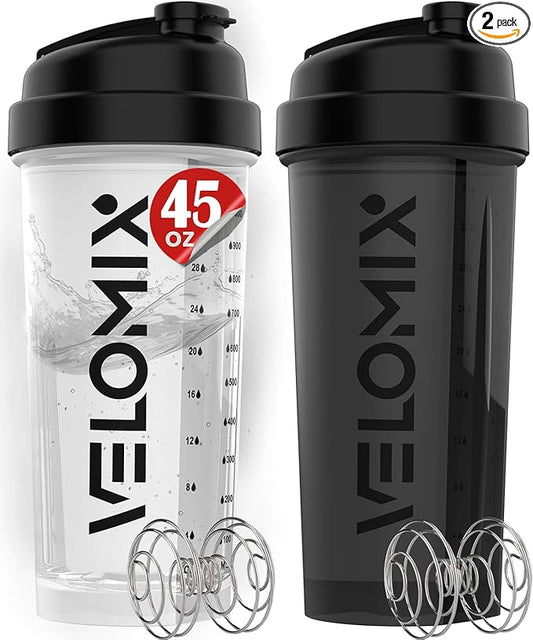 -2 Pack- 45 oz Protein Shaker Bottles for Protein Mixes - 2x Wire Whisk | Leak Proof Shaker Cups for Protein Shakes | Protein Shaker Bottle Pack | Shakers for Protein Shakes-Black&Transparent