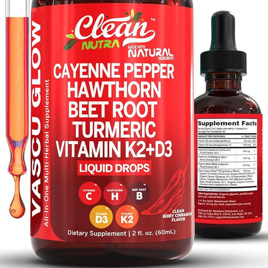 Clean Nutra Cayenne Pepper Drops Supplement Liquid + Hawthorn Berry, Vitamin D3 K2 Beet Root Powder, Ceylon Cinnamon, Turmeric Curcumin, Organic Panax Ginseng, Berberine Extract Organic