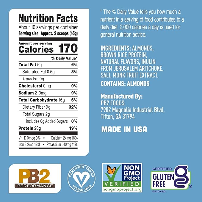 PB2 Performance Almond Plant Based Vegan Protein Powder | 20g Complete Protein, No Added Sugar, Prebiotic Fiber | Dairy Free, Certified Vegan, Non-GMO, Gluten Free [Almond w/Madagascar Vanilla, 1LB]