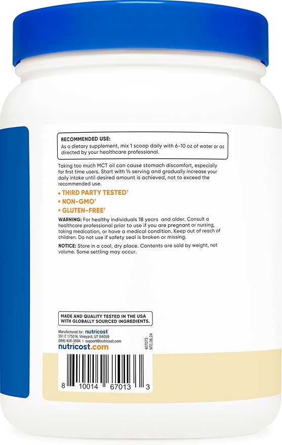 Nutricost C8 MCT Oil Powder 1LB (16oz) Vanilla Flavor - 95% C8 MCT Oil Powder, Best for Keto Diets, Non-GMO, Gluten Free