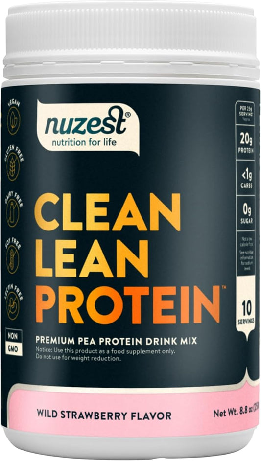 Nuzest - Vegan Pea Protein Powder - Clean Lean Protein, Premium Plant Based Protein Powder, Dairy Free, Gluten Free, GMO Free, Protein Shake, Wild Strawberry, 10 Servings, 8.8 oz