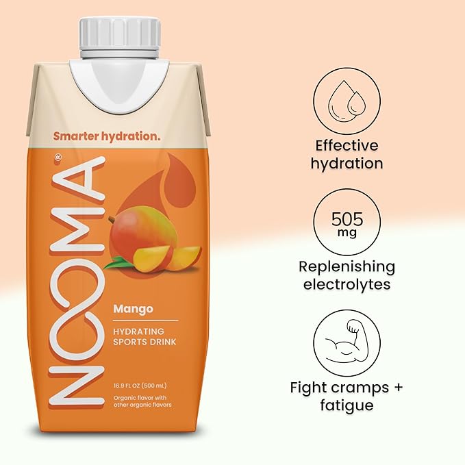 NOOMA - Hydrating Sports Drink - Electrolyte Drink with Organic Coconut Water - Organic & No Added Sugars - Rapid Hydration - 30 Calories & 505mg Electrolytes - Mango - 12 Pack (16.9oz each)