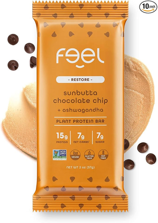 Feel Vegan Protein Bars | Sunbutta Chocolate Chip | Keto | Gluten Free | Organic | Ashwagandha | 15g Plant Protein | Low Carb | High Protein | Dairy Free | Low Sugar | Grain Free | Nut Free | Soy Free | Non GMO - (Sunbutta Choco Chip, 10 Pack)
