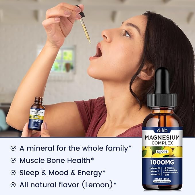 Triple Magnesium Complex Supplement, Magnesium Glycinate, Citrate Liquid Drops 1000mg with Ashwagandha, CoQ10, Vitamin B6, C, D, Zinc - Vegan Lemon Flavor
