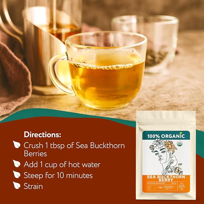 Organic Sea Buckthorn Berry Tea (PACK OF 2) - Seaberries Dried (Espino Amarillo) - Rich in Omega Fatty Acids, Antioxidants - Superfood Berries for Tea, Cooking & Baking