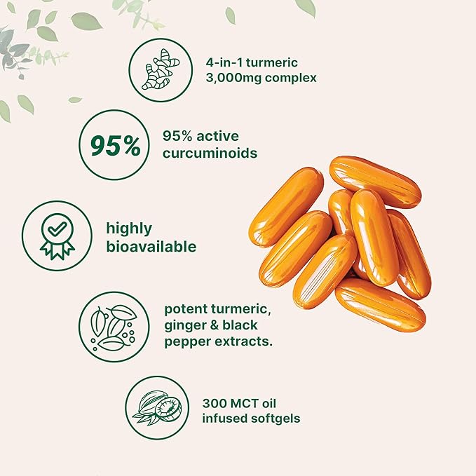 Turmeric Curcumin Supplement 3,000mg | 95% Curcuminoids | 300 Coconut MCT Oil Softgels with Turmeric, Ginger & Black Pepper Extracts | High Absorption | Healthy Joint Support for Men & Women | Non-GMO