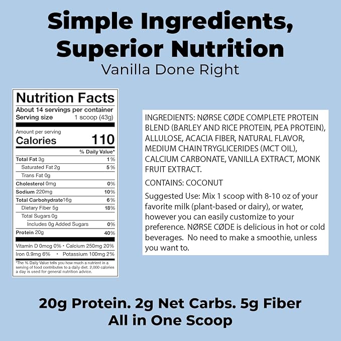 Vanilla Plant-Based Protein Powder – 20g Protein, Vegan, Keto, Dairy-Free, Zero Sugar, Fiber, Upcycled Barley, Rice & Pea Protein – 1.33 lbs [14 Servings]