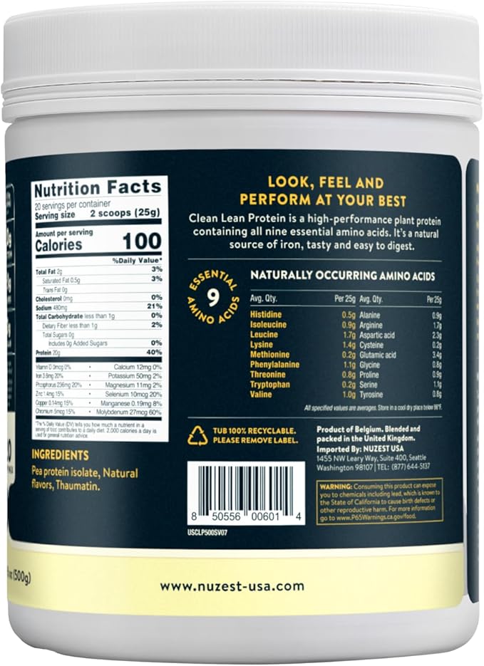 Nuzest - Pea Protein Powder - Clean Lean Protein, Premium Vegan Plant Based, Dairy Free, Gluten Free, GMO Free, Naturally Sweetened Protein Shake, Smooth Vanilla, 20 Servings, 1.1 lb