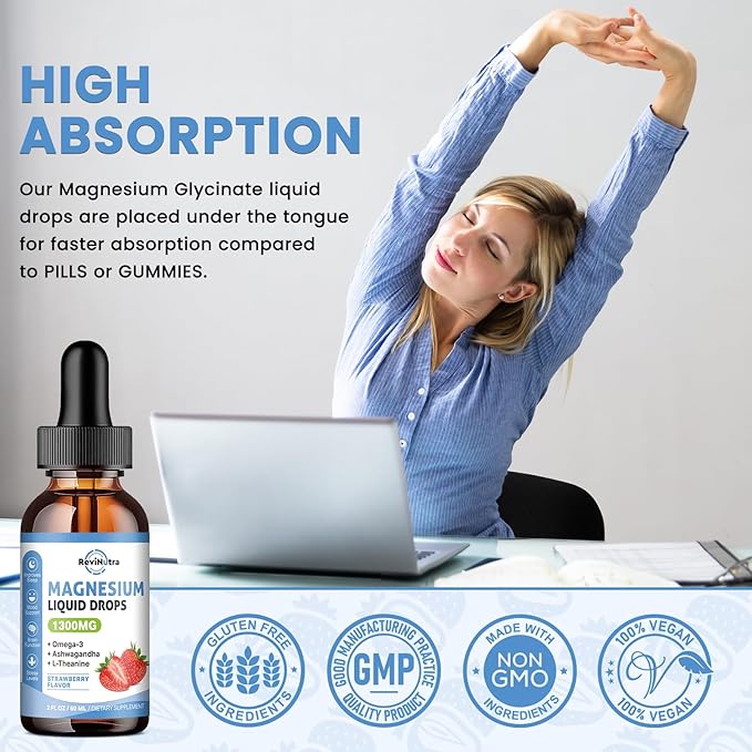 2 Pack Liquid Magnesium Glycinate Drops with Taurate & Citrate, Calm Magnesium with Omega3, L-Theanine, Potassium, Ashwagandha, Vitamin for Sleep, Muscle, Immune Health, Sugar-Free Strawberry Flavor