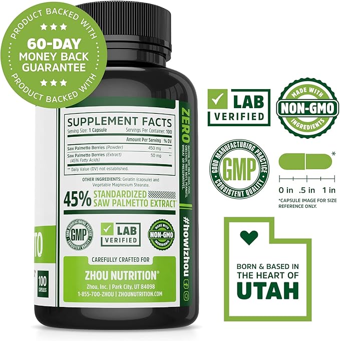 Zhou Saw Palmetto Supplement for Men - Premium Complex, Advanced Formula, Extra Strength 450mg Saw Palmetto Berry Per Capsule - 100 Vegetarian Capsules