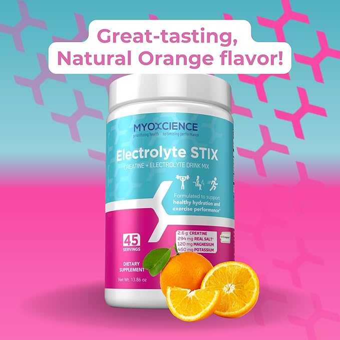MYOXCIENCE Electrolyte STIX | Creatine Electrolyte Powder | Recovery from Exercise & Muscle Development w/Real Salt (Natural Orange Flavor) (Jar 45 ct)