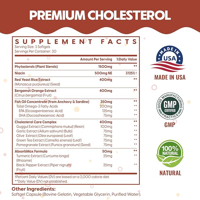 Cholesterol Supplements with Plant Sterols, Niacin, Red Yeast Rice, Citrus Bergamot, Garlic, Cholesterol Supplement Support Normal Cholesterol Levels, 540 Softgels