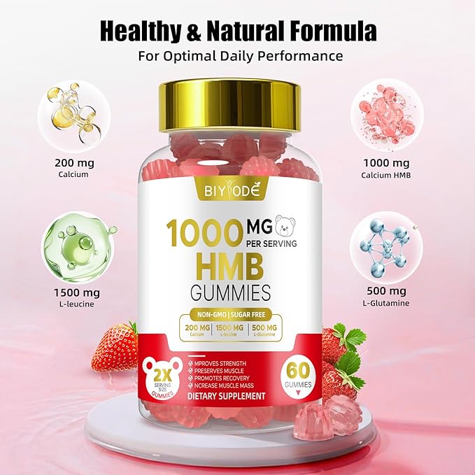 HMB Gummies for Men Women: 1000mg Muscle Bone Support with Calcium HMB 1500mg L-Leucine 500mg L-Glutamine Sugar Free Non-GMO 60 Gummies