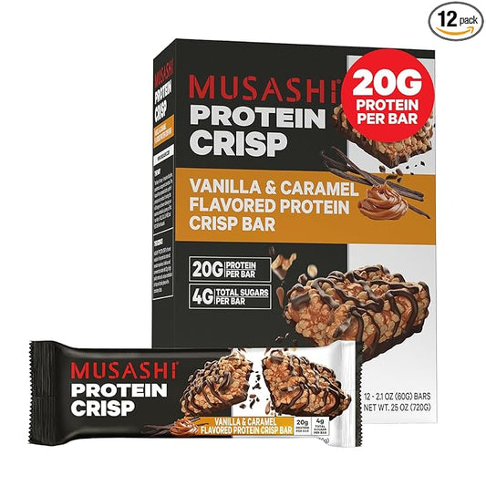 MUSASHI Protein Crisp Bar, 20g Protein, 4g Total Sugars, Vanilla & Caramel, Post Workout and Snack On The Go, 12 Pack of 2.1oz (60g) Bars
