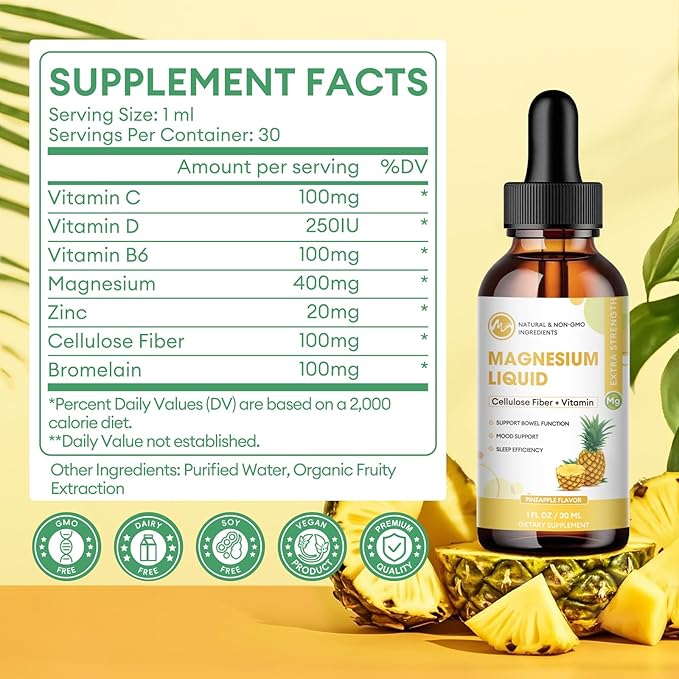 Magnesium Glycinate Liquid Drops, Magnesium Liquid Supplement with Cellulose Fiber, Bromelain, Vitamin B6, C, D, Zinc, Support Night, Muscle, Relax, Bone, Mood, Pineapple Flavor, 2 Pack