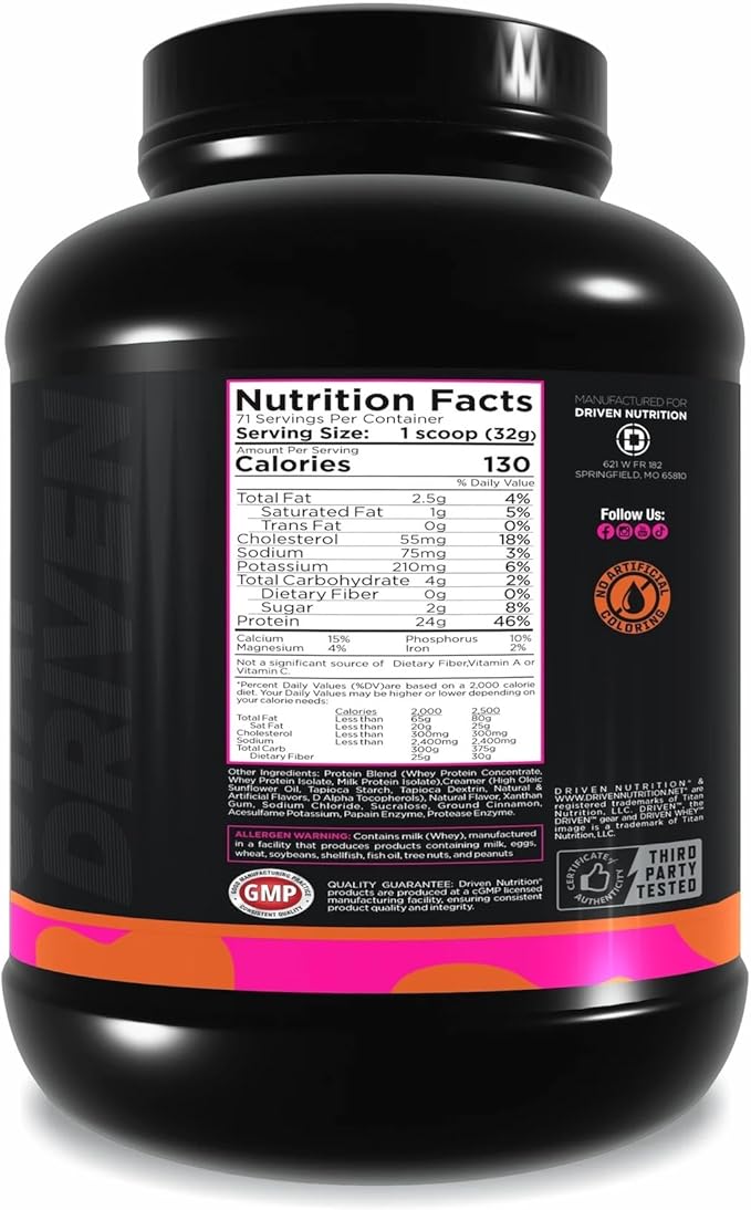 Driven WHEY- Grass Fed Whey Protein Powder: Delicious, Clean Protein Shake- Improve Muscle Recovery with 23 Grams of Protein with Added BCAA and Digestive Enzymes (5 lb, Cinnamon Roll)