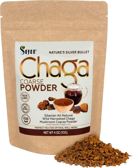 Sayan Siberian Pure Raw Coarse Chaga Powder 4 Oz / 113g – Premium Wild Forest Harvested Super Antioxidant Tea – Supports Immune System and Digestive Health – Focus, Energy, Clarity, Wellness - Non-GMO
