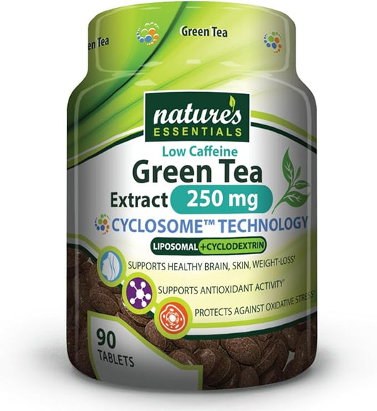 NATURE'S ESSENTIALS Low Caffeine Green Tea Extract 250mg | 45% EGCG | Advanced Cyclosome Liposomal Delivery | Non-GMO, Gluten Free, Vegetarian | 90 Tablets
