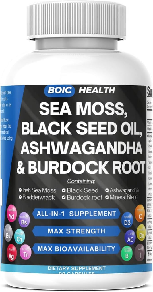 Sea Moss Capsules – Wildcrafted Irish Sea Moss with Black Seed Oil, Ashwagandha, Bladderwrack, Burdock Root, Turmeric & Elderberry – 15-in-1 Superfood Blend – 90 Capsules (Pack of 1)