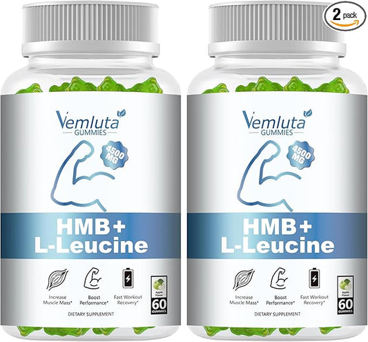 2 Packs HMB and Leucine Supplements Gummies for Men, Women - 4500MG, HMB ＆ Leucine for Muscle Recovery & Growth Support, Non-GMO, Gluten-Free, Vegan, Adults & Elder, Apple Flavor, 120 Counts