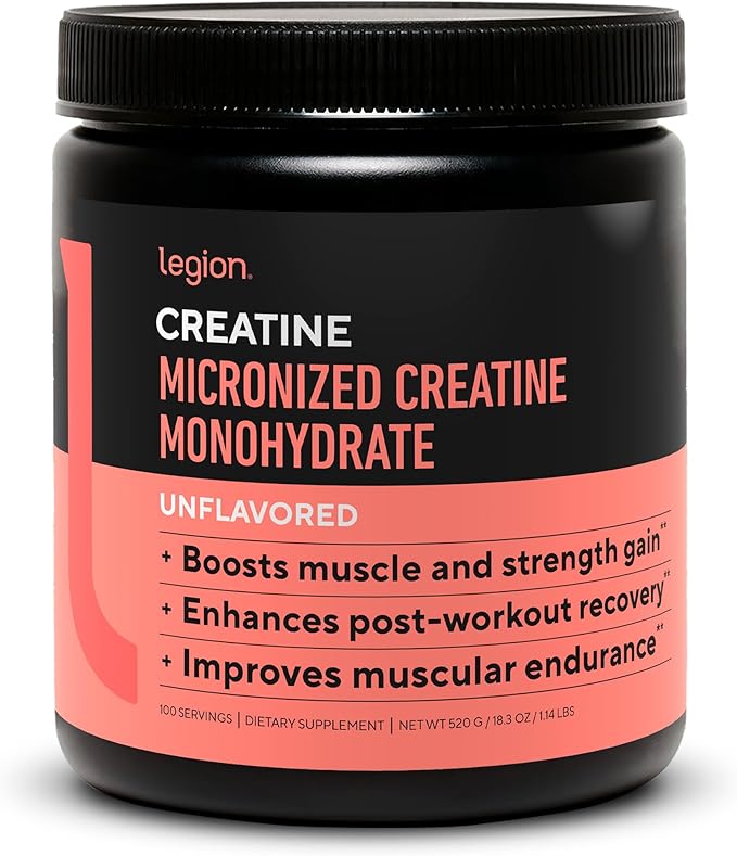 LEGION Micronized Creatine Monohydrate Supplement - Clean Creatine Powder for Muscle Gain & Post Workout Recovery - Micronized Creatine Supplement for Maximum Absorption (100 Servings, Unflavored)