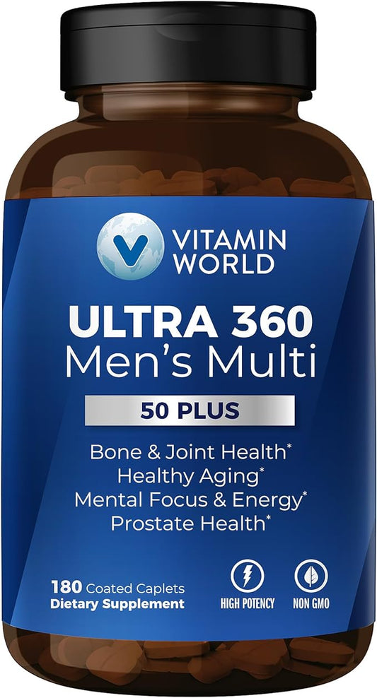Vitamin World Ultra 360 Multivitamin for Men 50 Plus, Men's 50+ Multivitamin with Minerals & Herbs for Prostate Function, Supplement with Vitamin A, C, D, E & Zinc for Healthy Aging, 180 Caplets