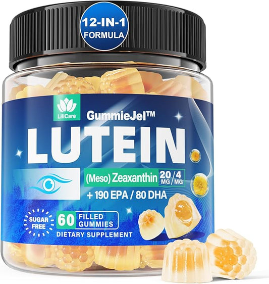 Sugar Free Lutein 20mg 40mg and Zeaxanthin Gummies for Eyes with Omega 3 (EPA 190mg & DHA 80mg), Eye Vitamins Filled Gummies Plus Bilberry, Goji Berry & Saffron, Vegan - 60 Count (Pack of 1)
