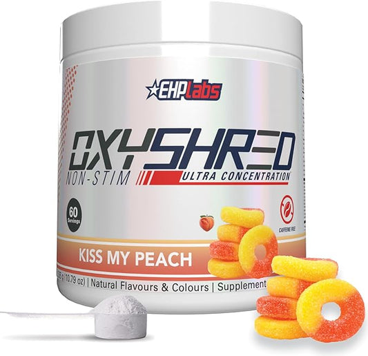 EHP Labs OxyShred Non Stimulant Pre Workout Powder - Stim Free Pre Workout, Caffeine Free Preworkout for Men & Women with L Glutamine & Acetyl L Carnitine - Peach, 60 Servings