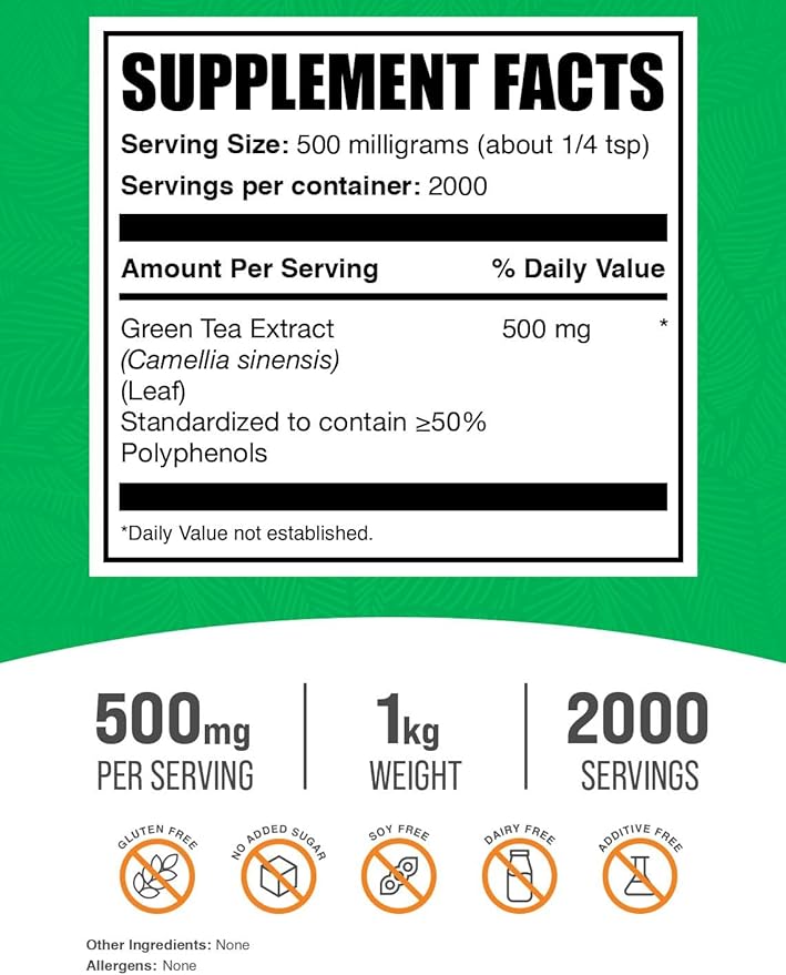 BulkSupplements.com Green Tea Extract Powder - 50% Polyphenol, Green Tea Supplement, Herbal Supplement - Gluten Free, 500mg per Serving, 1kg (2.2 lbs) (Pack of 1)