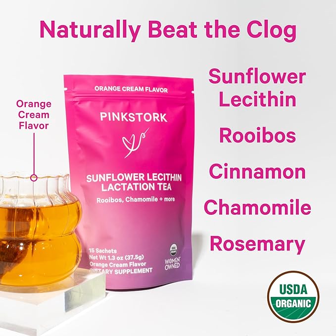 Pink Stork Sunflower Lecithin Lactation Tea, Clogged Milk Duct Support Tea with Fenugreek for Breast Milk Flow, Breastfeeding & Pumping Essentials - Vanilla Orange, 15 Sachets