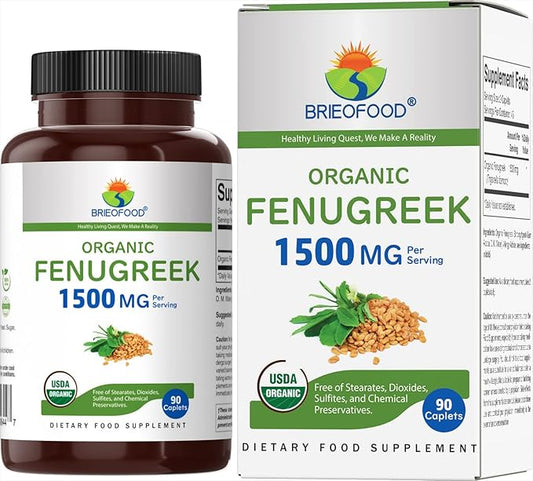 Brieofood Organic Fenugreek 1500mg, 45 Servings, Vegetarian, Gluten Free, 90 Vegetarian Tablets
