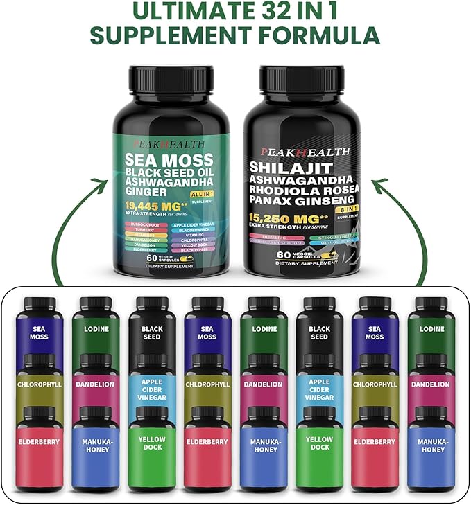 Shilajit + Sea Moss Capsules Bundle – 2 Bottle Combo with Ashwagandha, Panax Ginseng, Rhodiola & Black Seed Oil – 19,445mg Herbal Formula – Energy & Immune Support – 60 Capsules Each,Easy to Swallow