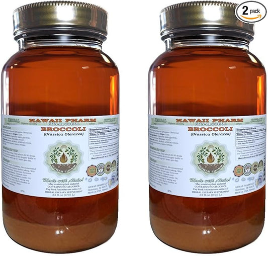 Hawaii Pharm Broccoli Alcohol-Free Liquid Extract, Organic Broccoli (Brassica Oleracea) Sprouting Seed Glycerite Natural Herbal Supplement 2x32 oz Unfiltered