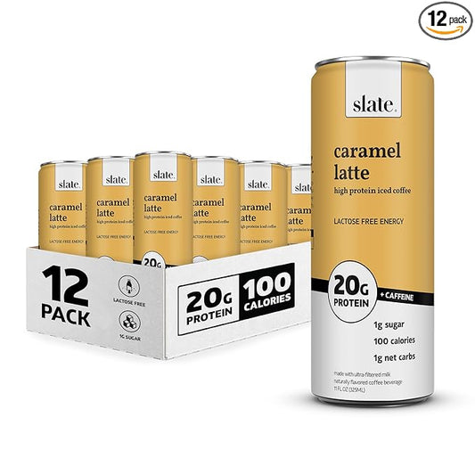 Slate Milk - High Protein Iced Coffee - Caramel Latte - 175mg Caffeine, Lactose Free Energy - 20g Protein, 1g Sugar, 100 Calories, 1g Net Carbs, No Sugar Added - Protein Coffee - 11 fl oz, 12 Cans