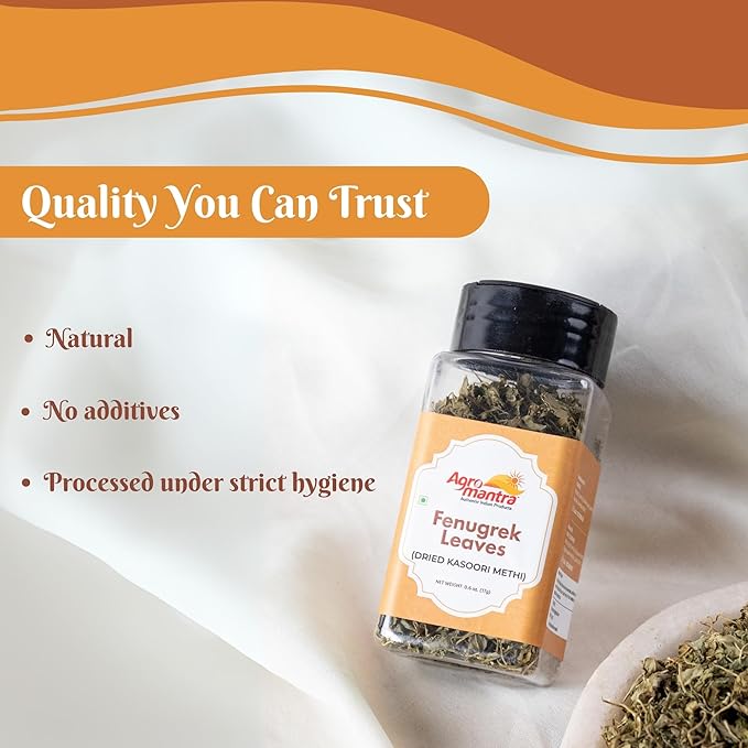 Agro Mantra natural and organic Fenugreek Leaves (Dried Kasoori Methi) 0.6 oz (17g) All Natural, Salt-Free, Vegan, No Colors, Gluten Free, NON-GMO, Indian geotag product
