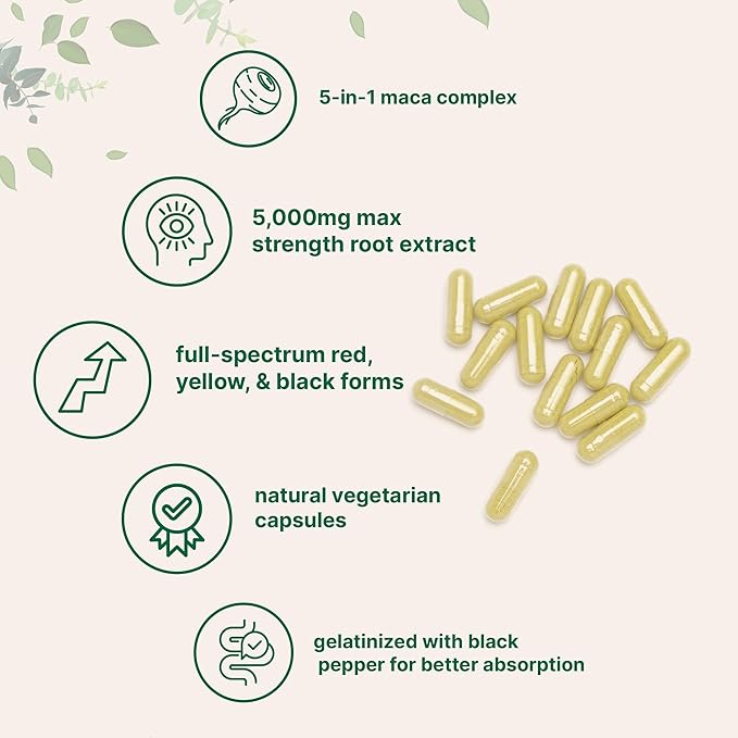 Maca Root 5,000mg Equivalent | 240 Veggie Capsules with Ashwagandha, Panax Ginseng, Tongkat Ali, & Black Pepper Extract for Better Absorption | Red, Yellow, & Black Maca | Non-GMO, Vegan