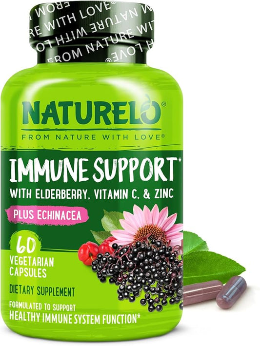 NATURELO Immune Support – Vitamin C, Elderberry, Zinc, Echinacea – Natural Immunity Boost w/Antioxidant, Herbal & Mineral Defense - 60 Vegan Capsules