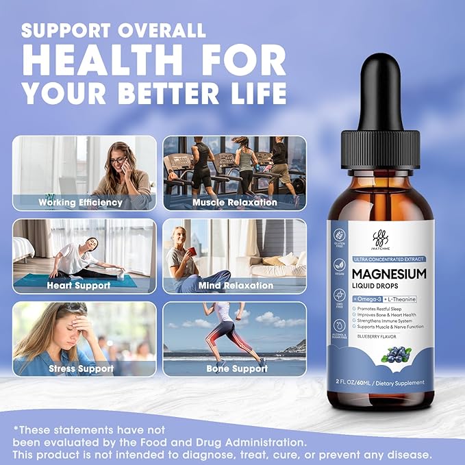 (2 Pack) Magnesium Glycinate Liquid Drop with Citrate, Oxide and Taurate, Calm Magnesium with Omega3, L-Theanine, D3, B6, B12 for Calm, Sleep, Leg Cramps, Muscles, Energy, Sugar-Free Blueberry Flavor