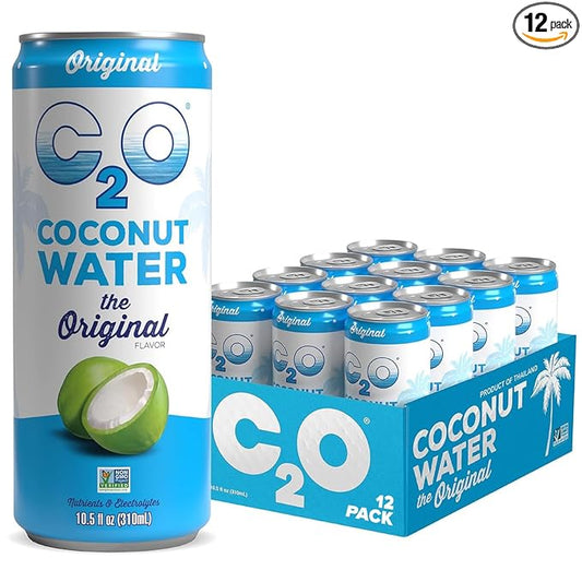 C2O - Coconut Water, The Original Flavor (12 Pack) - Made with Fresh Coconut Water - Plant Based - Non GMO - Canned Water - Natural Hydration, Electrolytes, & Potassium - 12 Slim Cans, 10.5 FL OZ