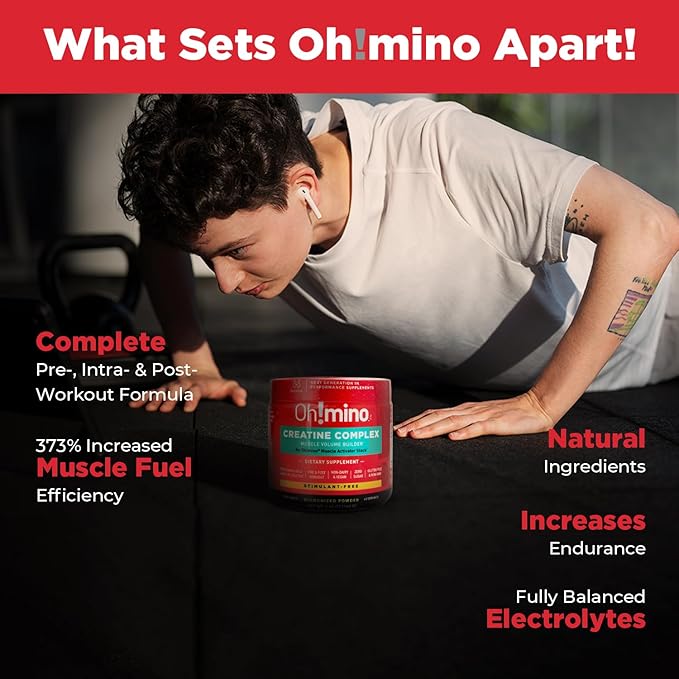 Oh!mino Creatine Powder for Muscle Growth - Pre & Post Workout Muscle Recovery Supplement, Micronized Creatine Monohydrate & Hydrochloride Blend - Vegan, Zero Sugar - 160g, 40 Servings (Lemon Lime)