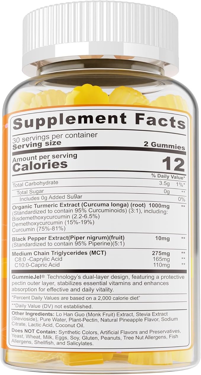 Turmeric Gummies 1000mg w/MCT Oil C8 C10, Organic Antioxidant, Sugar Free Turmeric Curcumin Supplement + Black Pepper Extract Support Flexible & Comfort, Digestion, Energy, Ultra Absorption, 60 Counts