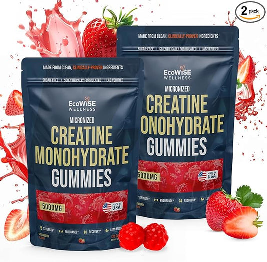 Creatine Monohydrate Gummies 5000 mg, Strawberry Flavor, 120 Sugar-Free Vegan Chews, Creatine Supplement for Daily Routine, Pack of 2