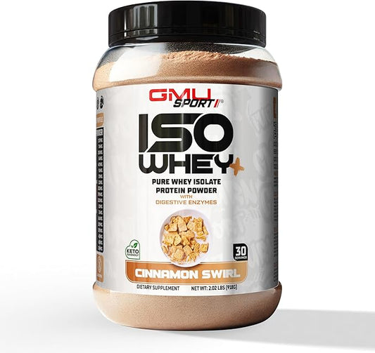 GMU SPORT - 100% Whey Protein Isolate Powder - 2 LB Whey Isolate Protein Powder with Collagen Peptides, Digestive Enzymes & BCAAs - Protein Powder with 30 Servings - Cinnamon Swirl