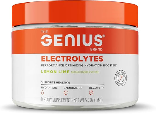 The Genius Brand - Genius Electrolytes Powder Drink Mix, Lemon Lime, 30 Servings - Hydration Booster & Supplement with Potassium, Magnesium & Zinc - Sugar Free & No Artificial Sweeteners or Dyes