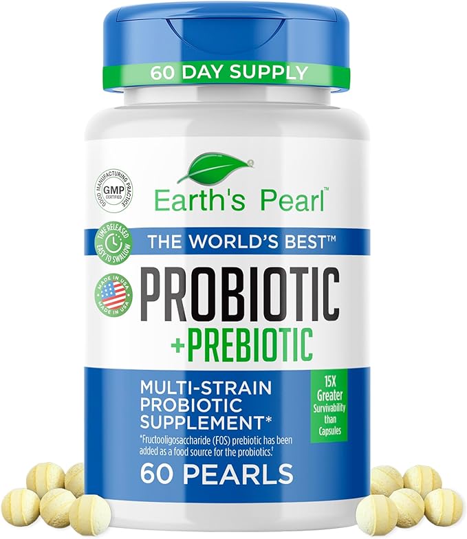 Earth's Pearl Probiotics for Women & Men & Kids - Pearl-Shaped Probiotic & Prebiotics with BIO-Tract®, 4 Billion CFU, Gut Health Support (60-Day Supply)