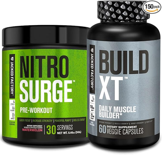 Jacked Factory Nitrosurge Pre-Workout in Watermelon & Build XT Muscle Building Bundle for Men & Women