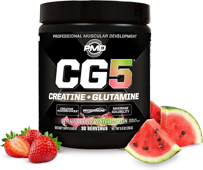 PMD Sports CG5 Premium Creatine & L Glutamine Powder, Power Recovery, Build Lean Muscle, Increase Workout Performance, Maximum Strength Pre Workout & Post Workout, Strawberry Watermelon, 30 Servings